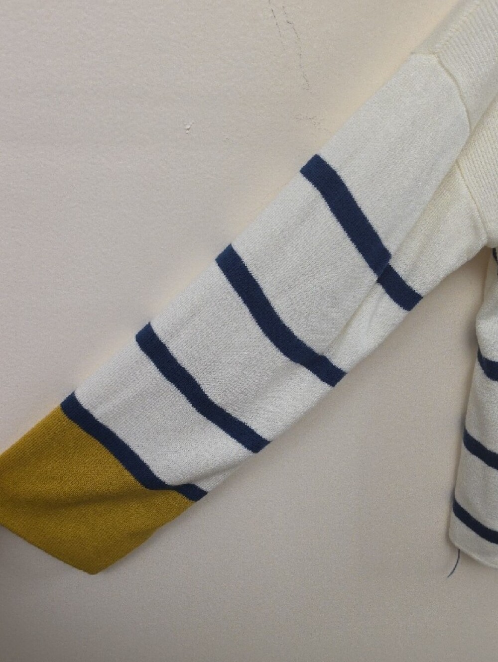 Poof Apparel Cream Crewneck Sweater with Navy Stripes and Mustard Cuffs SZ S - Picture 6 of 7